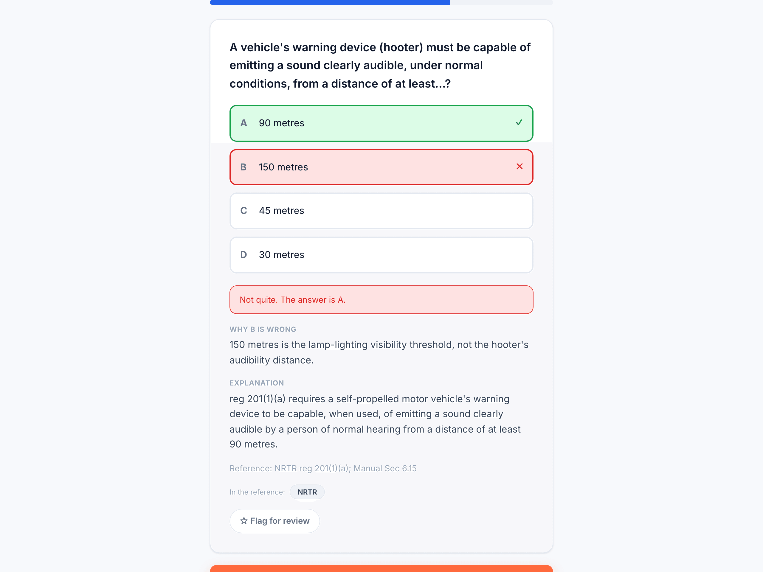 The same question answered: the wrong option marked, the correct one revealed, the explanation, and the regulation it cites.