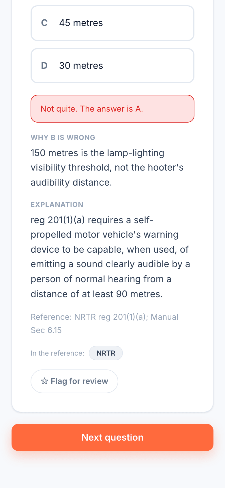 The same question answered: the wrong option marked, the correct one revealed, the explanation, and the regulation it cites.