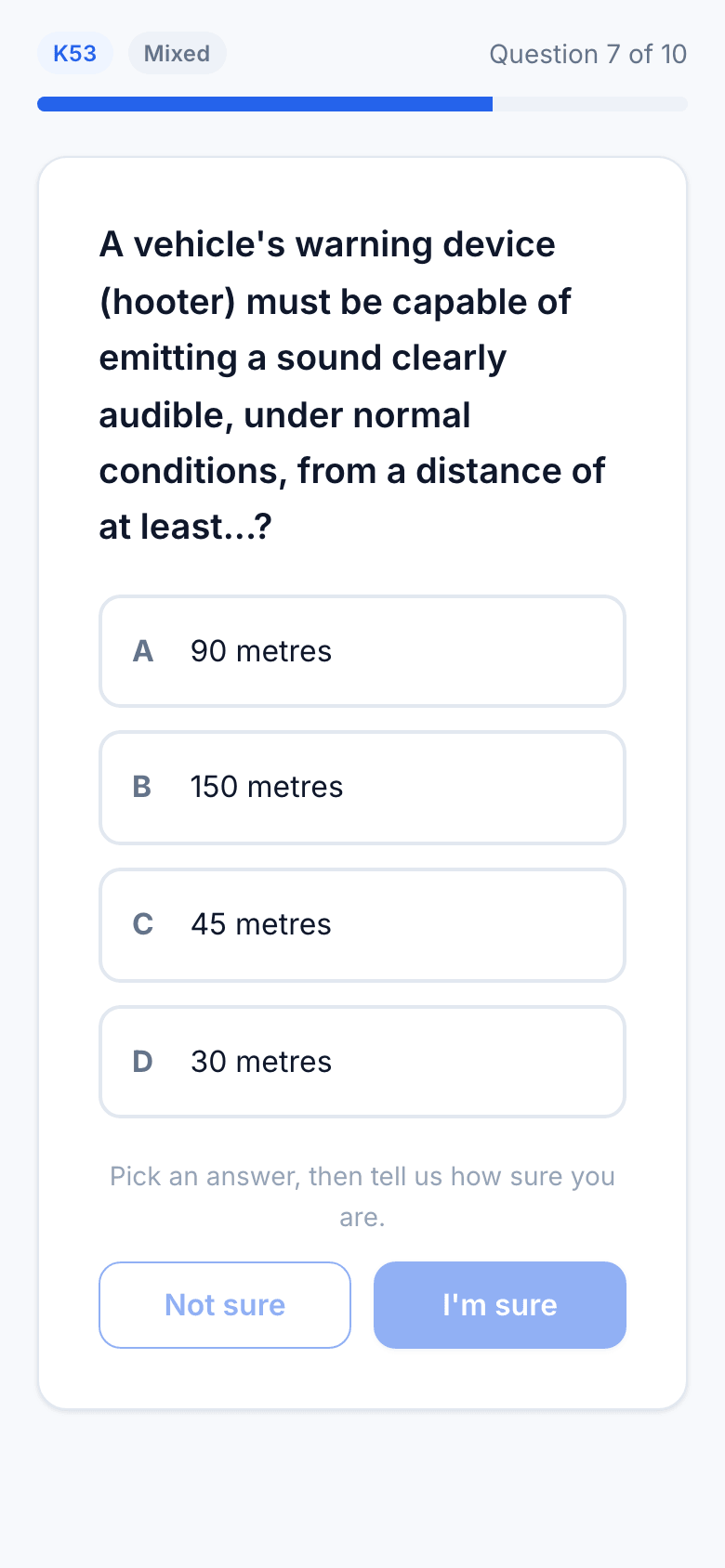 A K53 practice question with sample data, showing the stem and all four options.