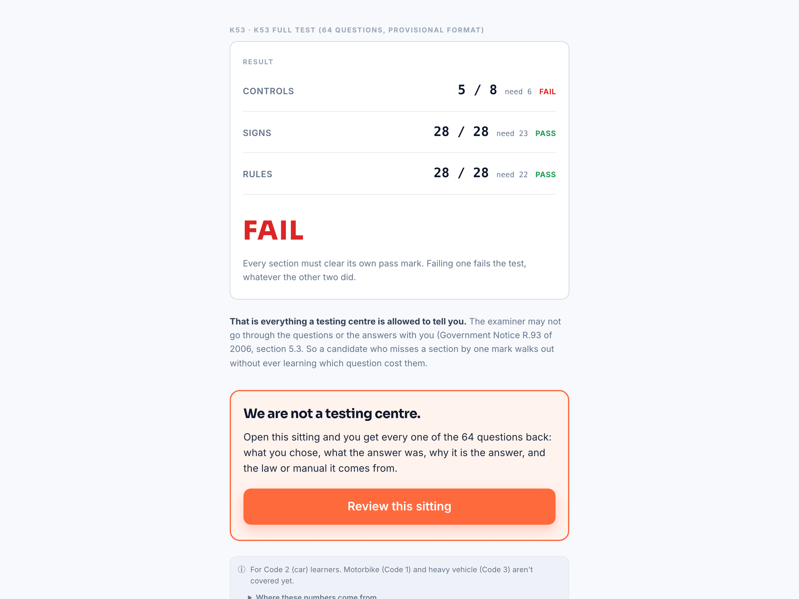 A K53 simulator result with sample data: signs 28 of 28, rules 28 of 28, controls 5 of 8, and a fail.