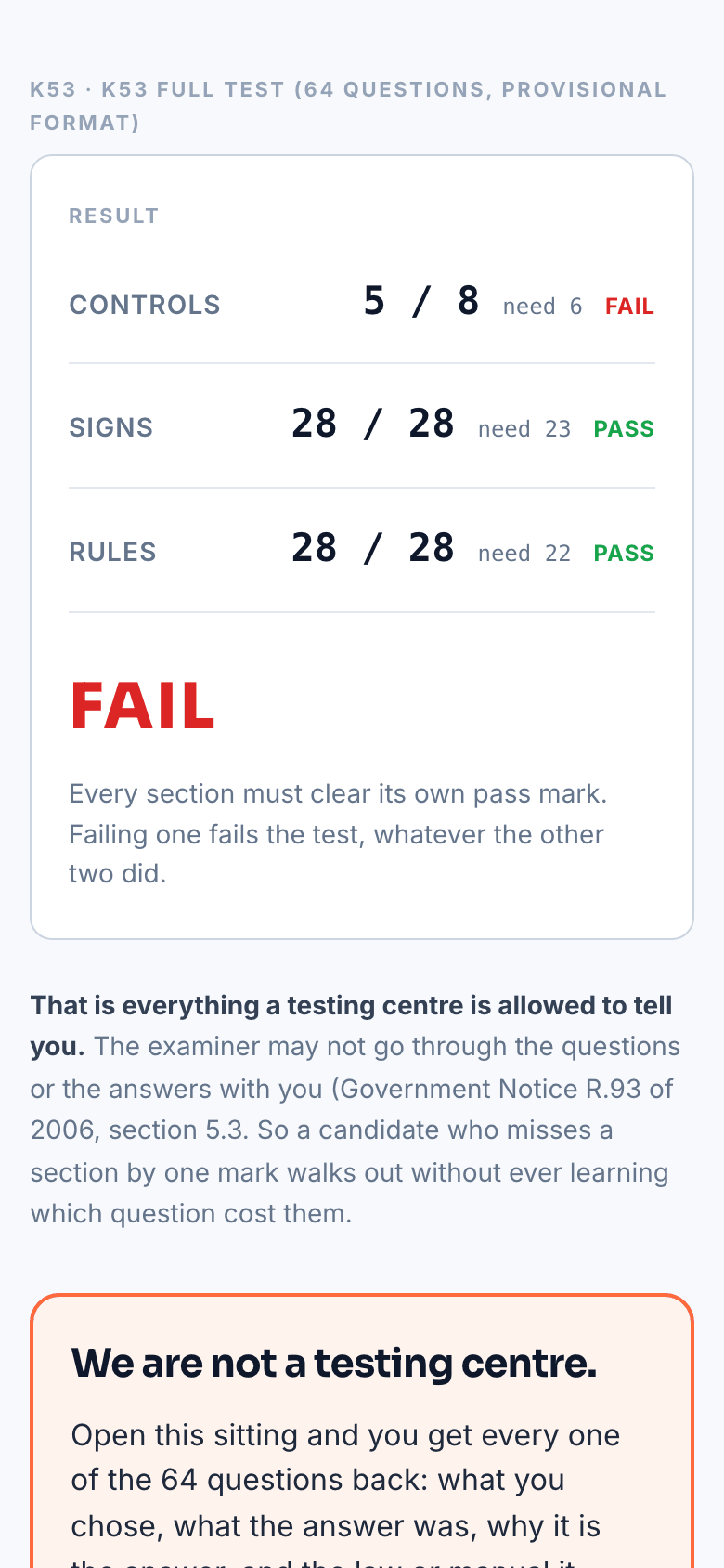 A K53 simulator result with sample data: signs 28 of 28, rules 28 of 28, controls 5 of 8, and a fail.