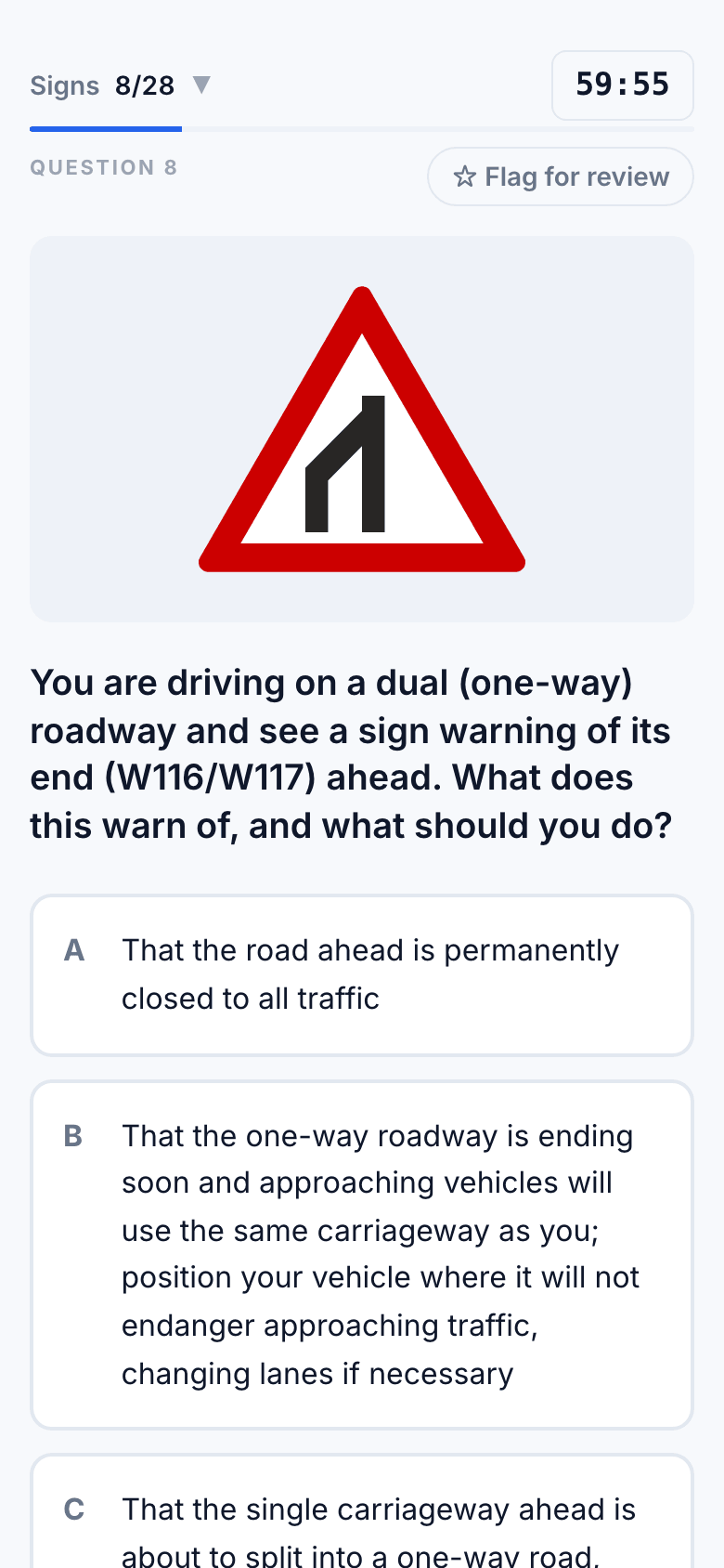 A question in the PassPath K53 simulator, with the road sign it asks about drawn above the question.